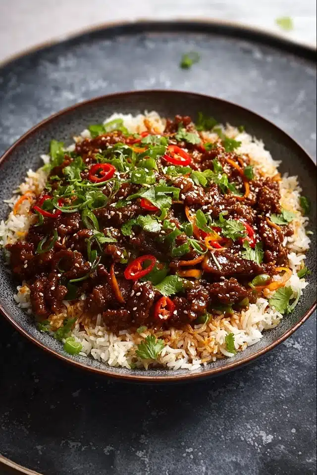 Crispy Chilli Beef Rice - EpicureanNest